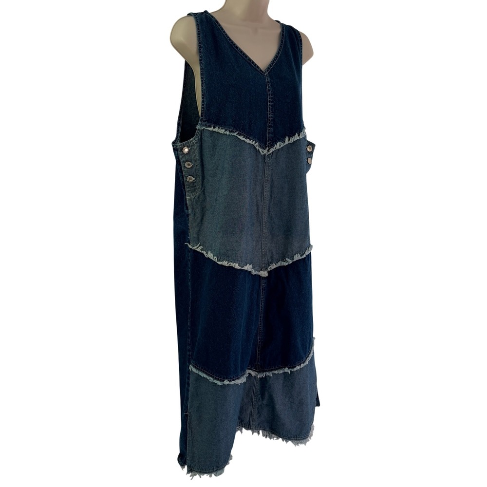Jazzie Denim Patchwork Midi Dress Womens Medium Blue Frayed Tiered Sleeveless - Picture 3 of 14